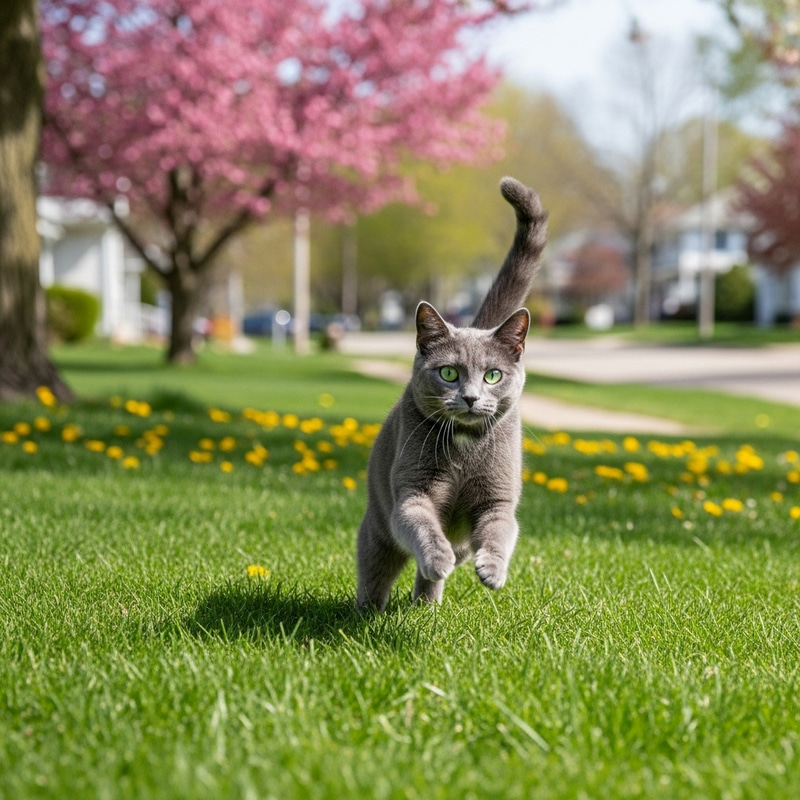 Grey Domestic Cat Running Away in Sunlit Neighborhood Grey Domestic Cat Running Away in Sunlit Neighborhood