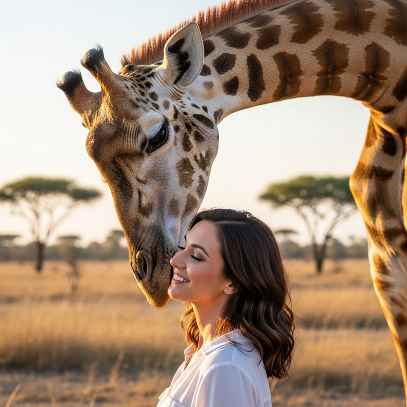 Giraffe Kisses Woman - Heartfelt Moment