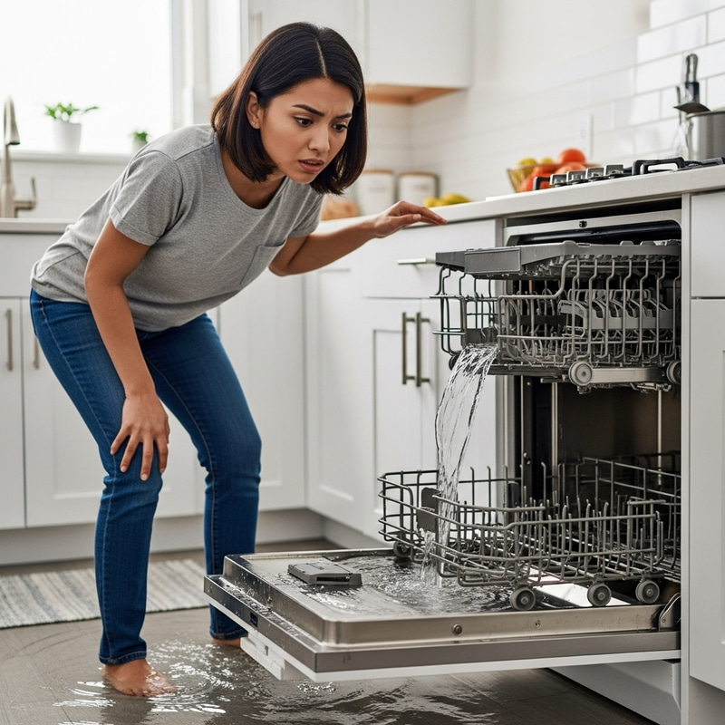 Hispanic Woman Reacts to Dishwasher Flooding | Urgent Home Scene Hispanic Woman Reacts to Dishwasher Flooding | Urgent Home Scene