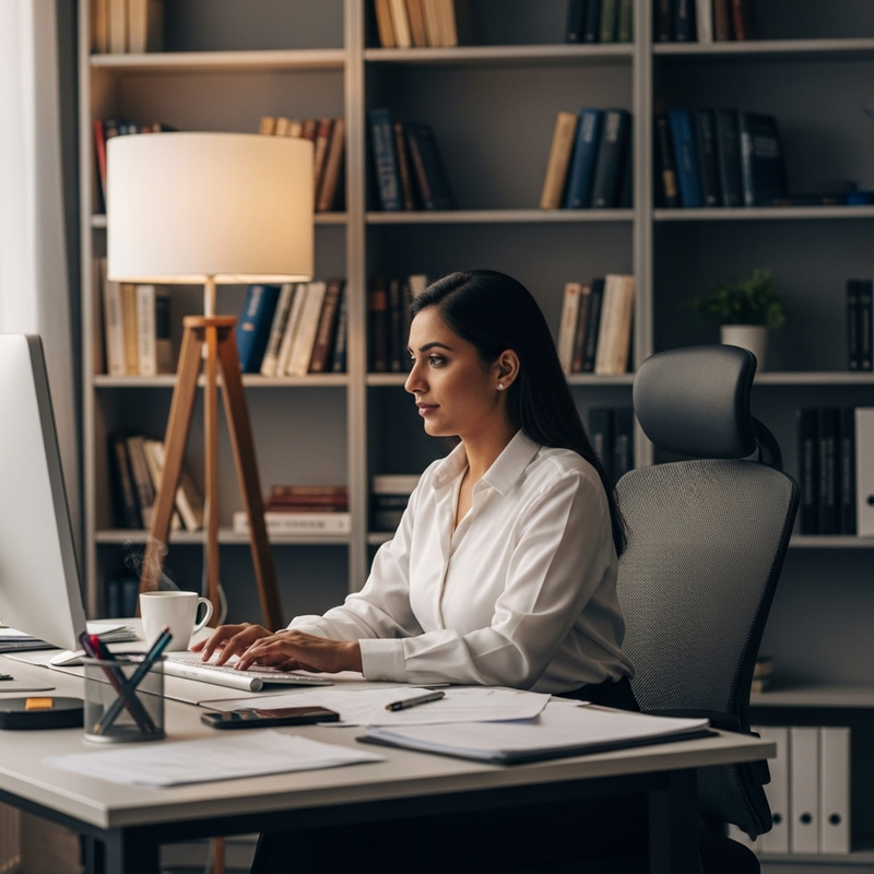 Serene South Asian Woman Working | Office Environment