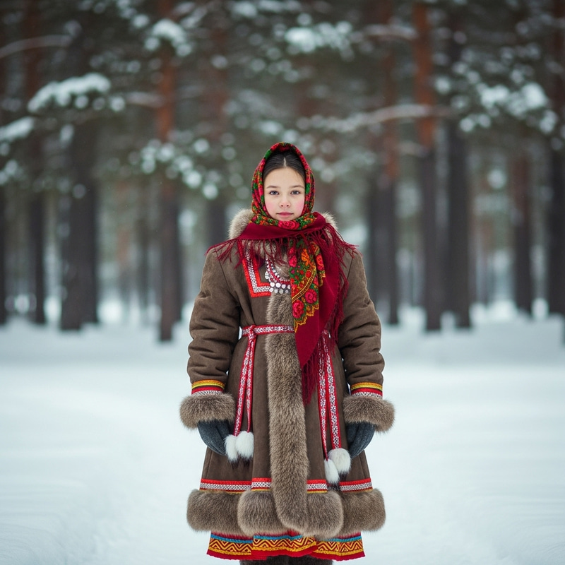 Brave Siberian Girl in Traditional Attire | Snowy Landscape