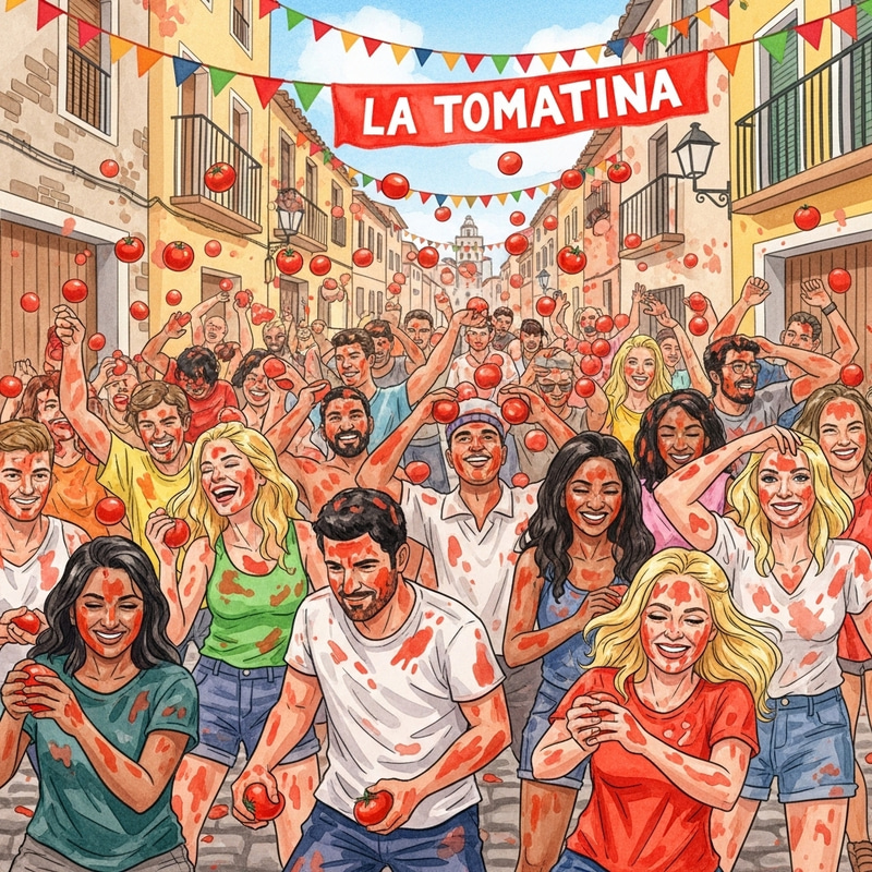 Watercolor Illustration of La Tomatina Spanish Festival