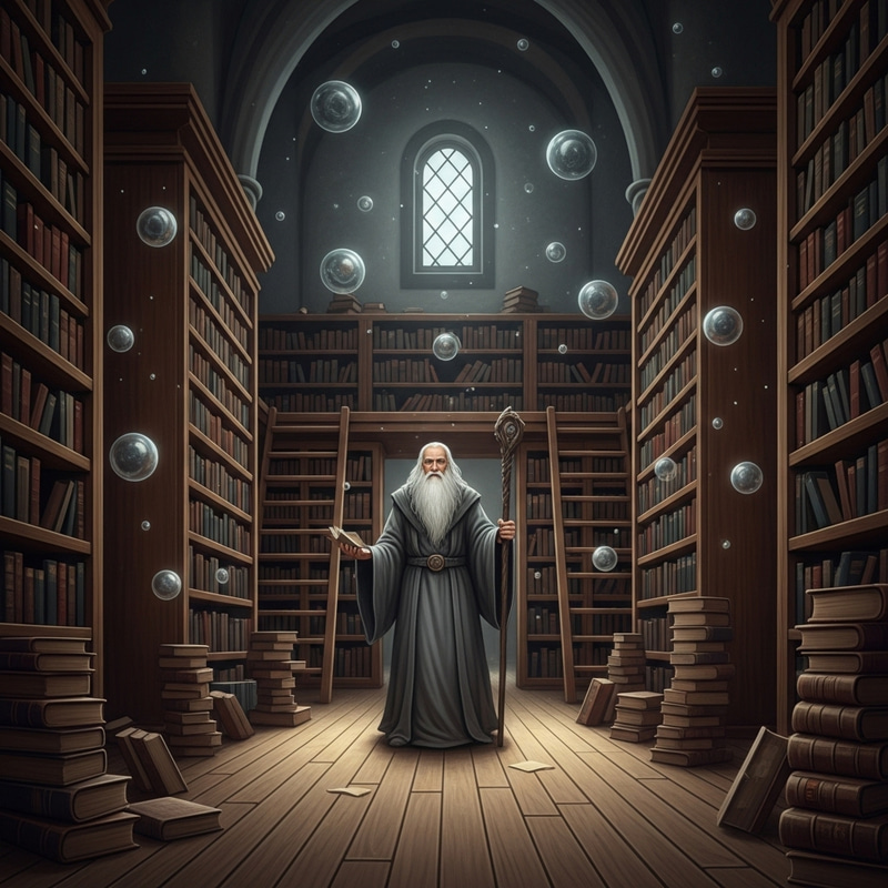 Gandalf Surrounded by Books in Enchanting Library Gandalf Surrounded by Books in Enchanting Library