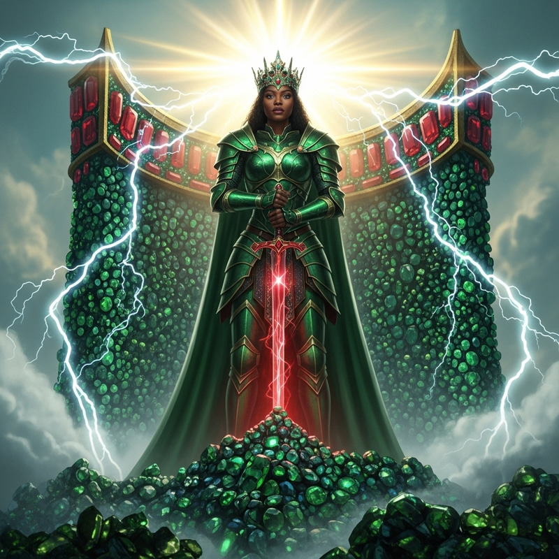 Black Woman's Majestic Power: Emerald & Ruby Armor on Gemstone Mountain Black Woman's Majestic Power: Emerald & Ruby Armor on Gemstone Mountain