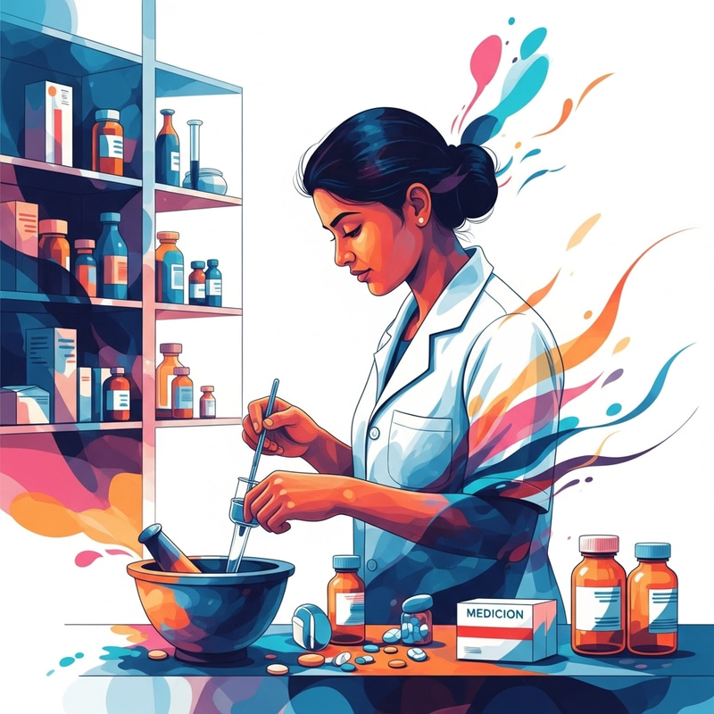 South Asian Female Pharmacist Abstract Art | Medication Preparation with Motion & Vitality South Asian Female Pharmacist Abstract Art | Medication Preparation with Motion & Vitality