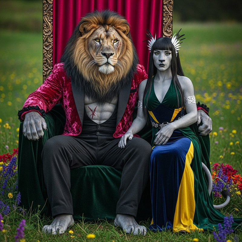 Majestic Lion & Lioness in Velvet Dress with Cyberpunk Elements Majestic Lion & Lioness in Velvet Dress with Cyberpunk Elements