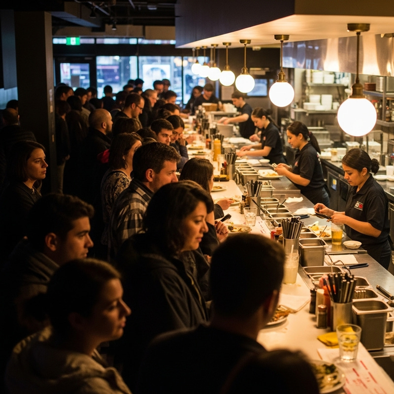 Busy Restaurant Counter Scene: Long Queue of Diverse Customers Busy Restaurant Counter Scene: Long Queue of Diverse Customers