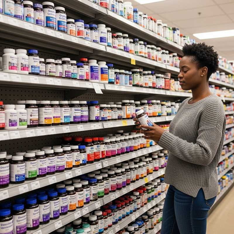 Woman Choosing Quality Vitamins | Pharmacy Supplement Shopping Woman Choosing Quality Vitamins | Pharmacy Supplement Shopping