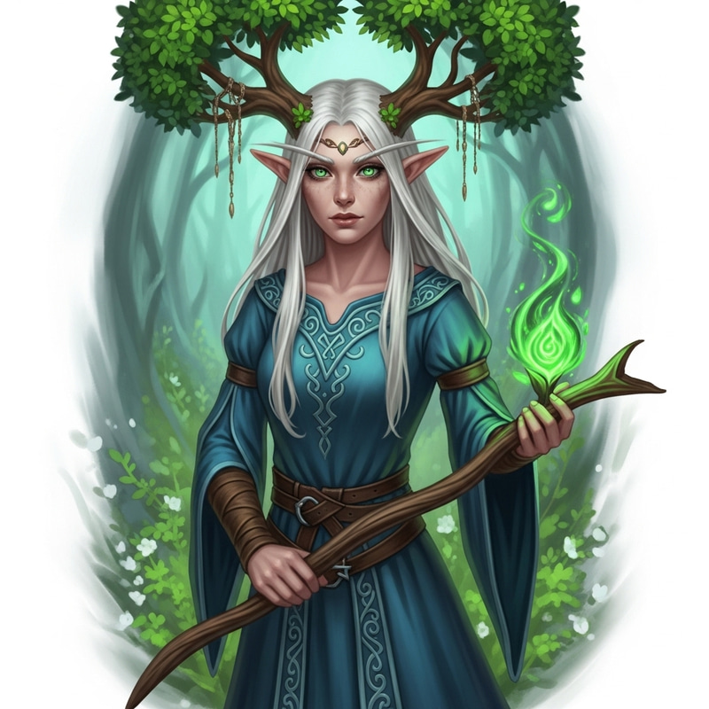 Graceful Half-Elf Druid with Enchanting White-Blonde Hair Graceful Half-Elf Druid with Enchanting White-Blonde Hair
