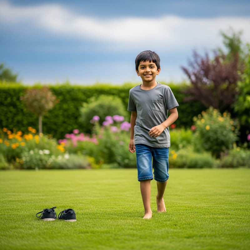 8-Year-Old Child Enjoying Nature in Green Backyard 8-Year-Old Child Enjoying Nature in Green Backyard