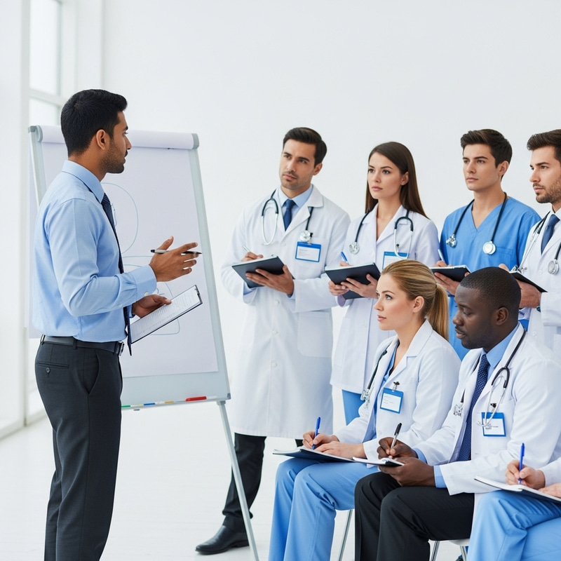 Professional Skill Trainer Leading Diverse Medical Training Session Professional Skill Trainer Leading Diverse Medical Training Session