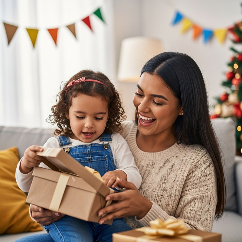 Joyful Moment: Young Latina Mom and Daughter Delighted by Gift Joyful Moment: Young Latina Mom and Daughter Delighted by Gift