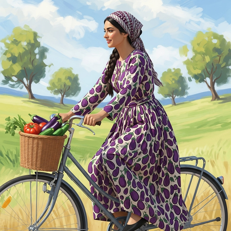 Young Girl Riding Bicycle in Eggplant Outfit Young Girl Riding Bicycle in Eggplant Outfit
