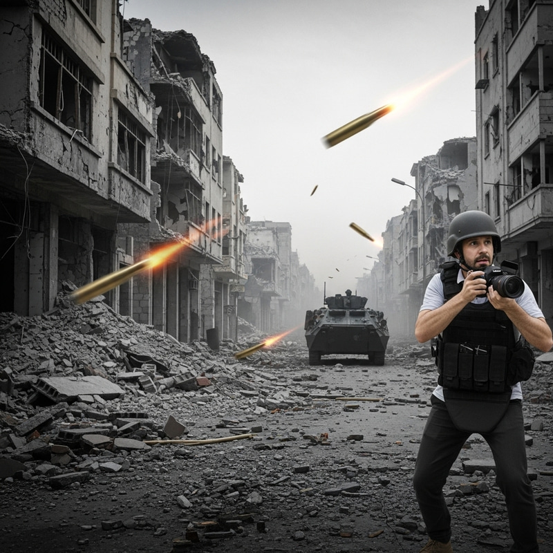 Courageous Journalist in War Zone | Monochrome Street Photography