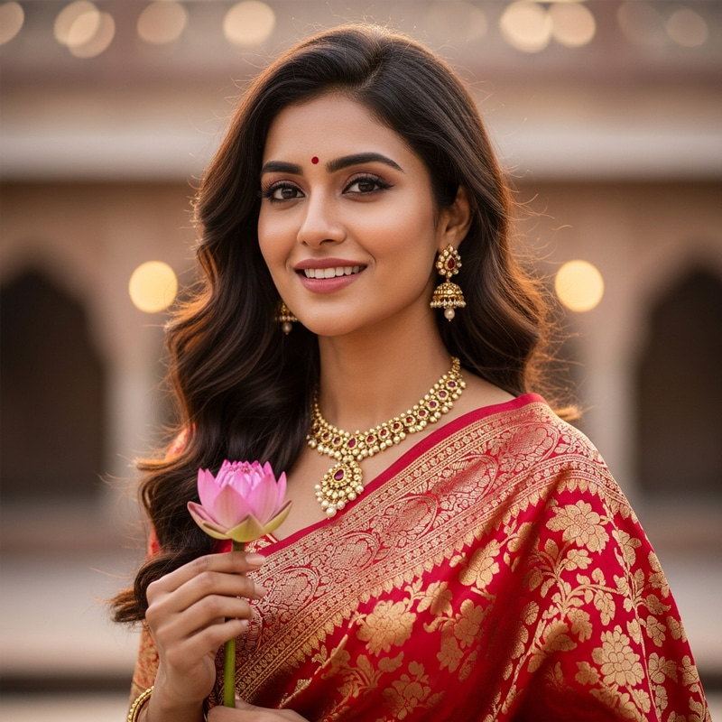 Portrait of a Beautiful South Asian Woman in Red Sari | Radiant Smile