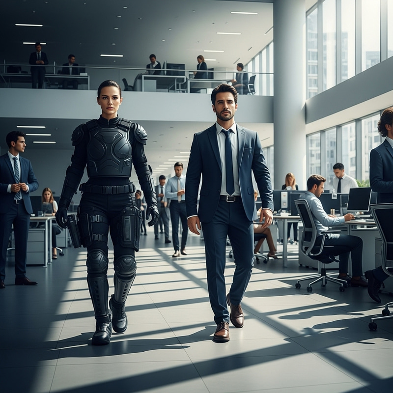 High-Powered Corporate Security in Futuristic Office High-Powered Corporate Security in Futuristic Office