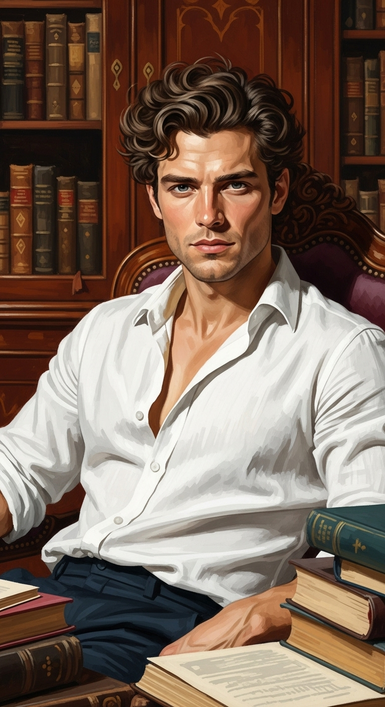 Smart Caucasian Man Portrait in Classic Style with Victorian Era Books Smart Caucasian Man Portrait in Classic Style with Victorian Era Books
