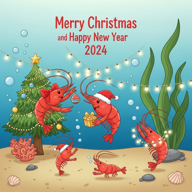 Merry Christmas & Happy New Year 2024 Shrimp Family Greeting Card