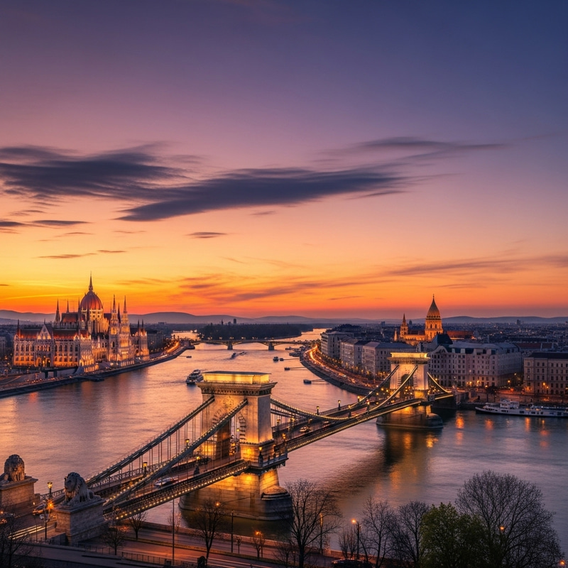 Budapest Sunset: Iconic Chain Bridge & Parliament in Warm Hues Budapest Sunset: Iconic Chain Bridge & Parliament in Warm Hues