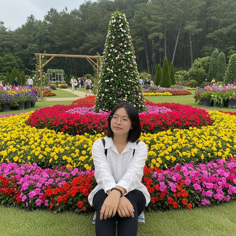 Asian Teenage Girl Sitting in Vibrant Flower Garden | Stylish Casual Look
