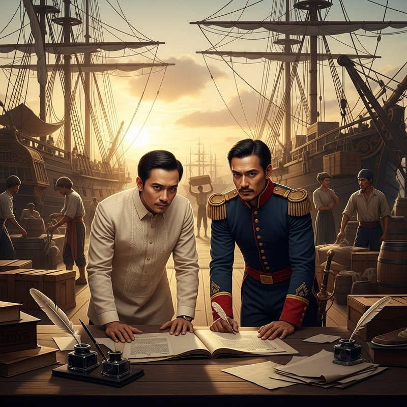 Jose Rizal and Paciano Forming a Pact at the Port in 19th Century Philippines