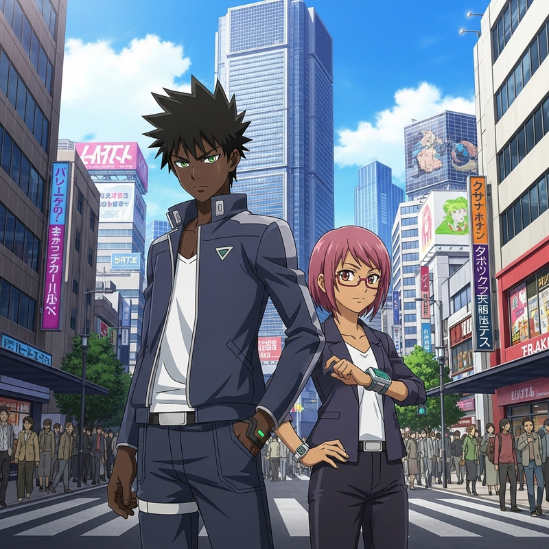 Exciting Anime Adventure in a Vibrant Cityscape