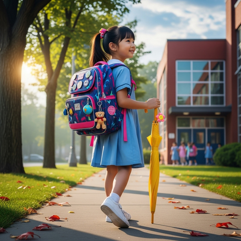 Tuyet Walking to School with Colorful Backpack and Umbrella Tuyet Walking to School with Colorful Backpack and Umbrella