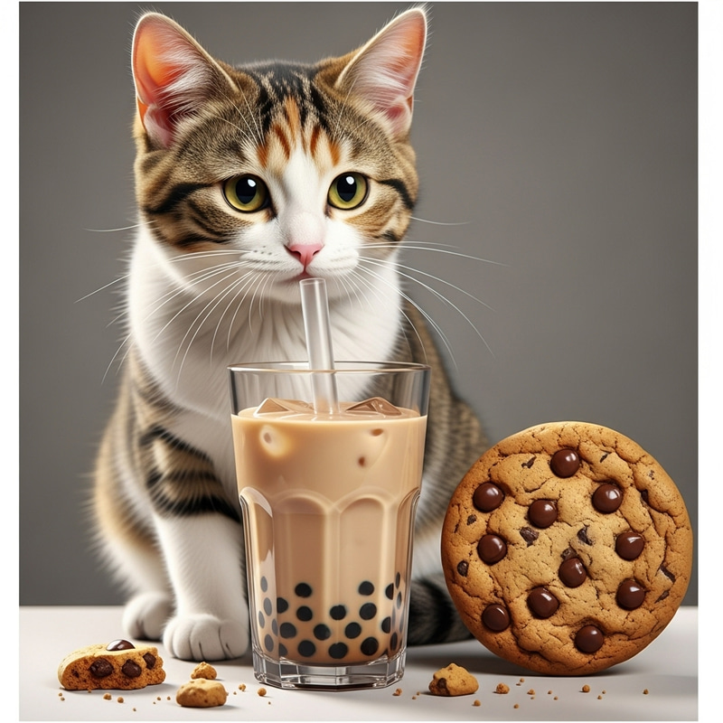 Cute Cat with Boba Tea and Cookie | Enchanting Pet Scene Cute Cat with Boba Tea and Cookie | Enchanting Pet Scene