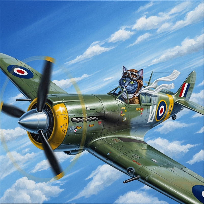 World War II Cat Pilot in Vintage Fighter Plane Illustration World War II Cat Pilot in Vintage Fighter Plane Illustration