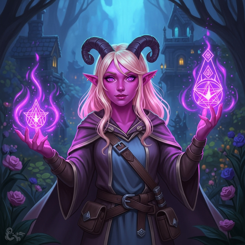 Beautiful Female Warlock Tiefling in Colorful DnD World Beautiful Female Warlock Tiefling in Colorful DnD World