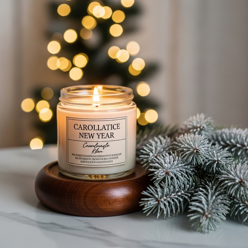 Cozy Winter Scene with Aromatic Candle, Fir Branch, and Snow Cozy Winter Scene with Aromatic Candle, Fir Branch, and Snow