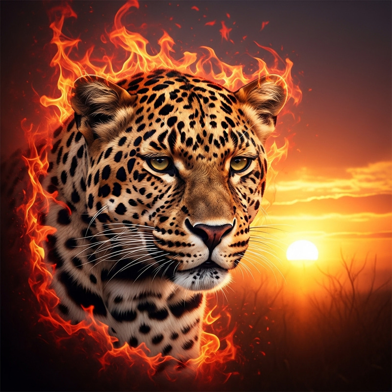 Intense Leopard Portrait with Fiery Background Intense Leopard Portrait with Fiery Background