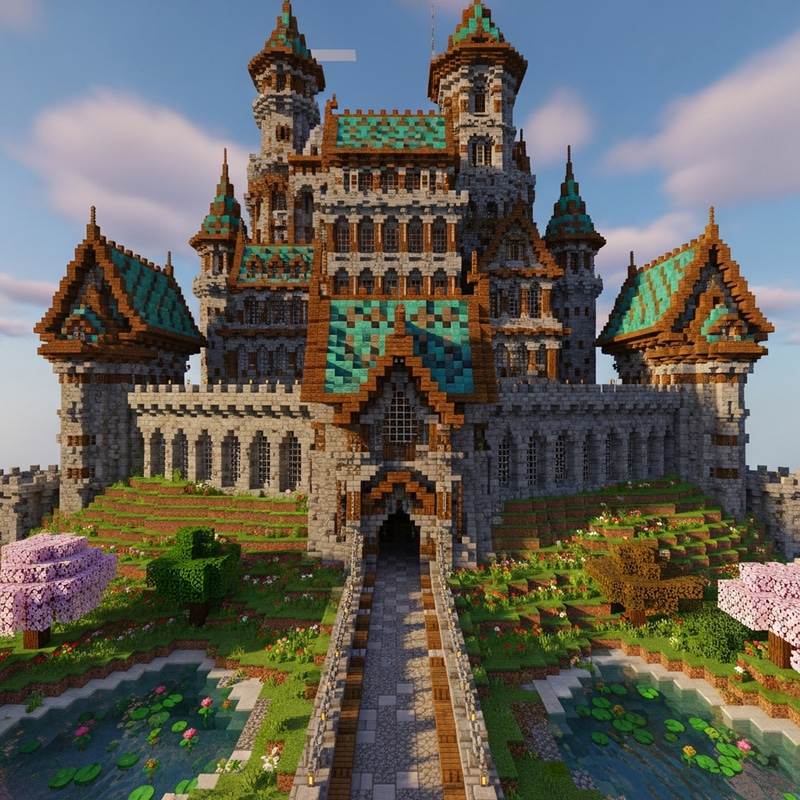 Very Large Castle on Hill with Copper Roofs in Minecraft 1.20 Very Large Castle on Hill with Copper Roofs in Minecraft 1.20