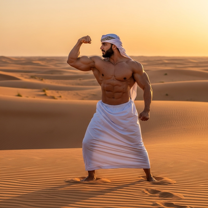 Powerful Middle-Eastern Man Embracing Tradition in Desert Landscape Powerful Middle-Eastern Man Embracing Tradition in Desert Landscape