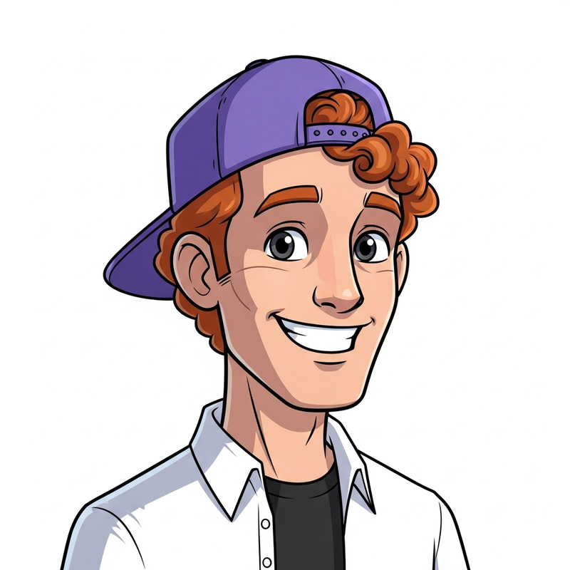 Friendly Male AI Robot with Ginger Curly Hair and Purple Snapback Hat
