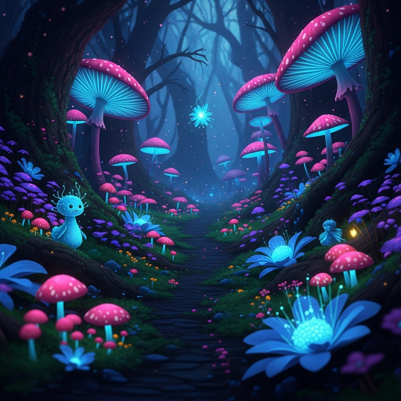 Enchanting Mystical Forest with Glowing Mushrooms in Neon Palette Enchanting Mystical Forest with Glowing Mushrooms in Neon Palette