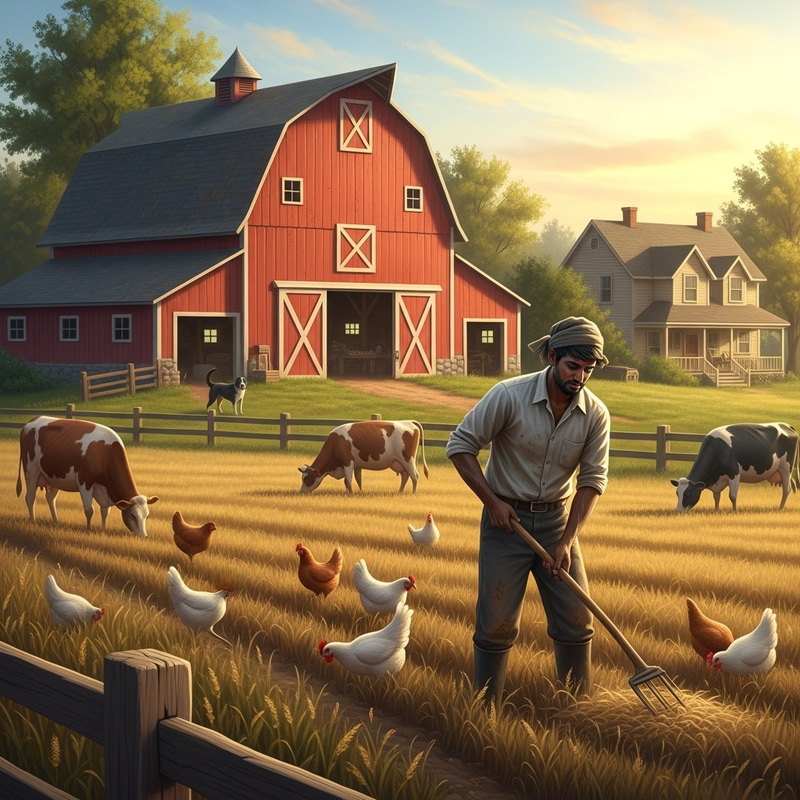 Idyllic Farm Scene at Sunset with Red Barn, Cows, and Chickens