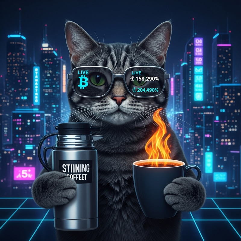 Crypto Cat Sips Coffee in Cyber City | Night Background Crypto Cat Sips Coffee in Cyber City | Night Background