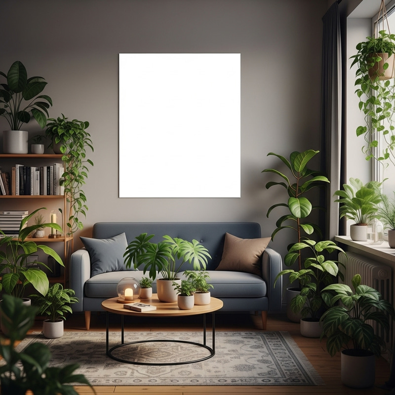Intimate Modern Eclecticism Living Room with Houseplants & White Poster Intimate Modern Eclecticism Living Room with Houseplants & White Poster