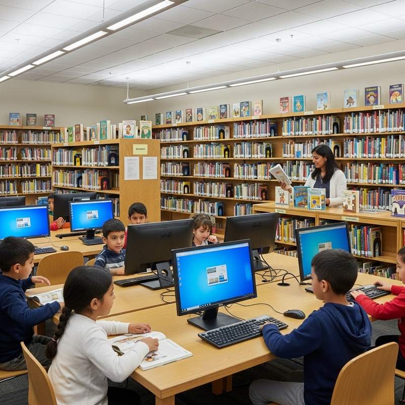 Vibrant Children's Library | Educational Haven with Books & Computers