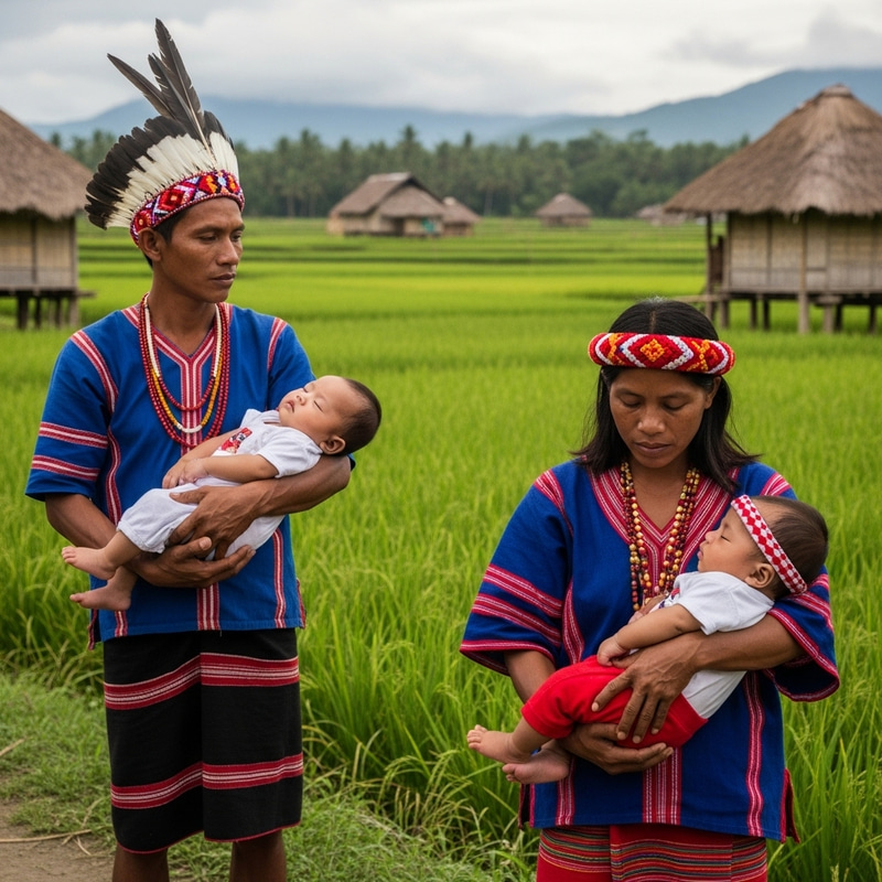 Tranquil Village Scene: Indigenous Filipino Parents with Sleeping Baby