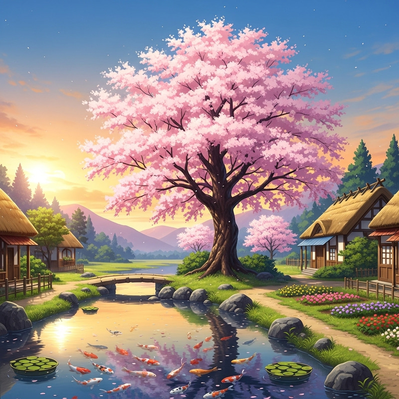 Serene Anime Landscape with Cherry Blossoms