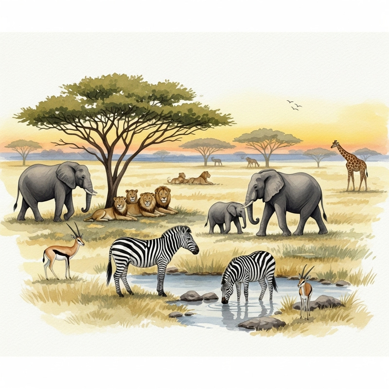 African Safari Watercolor Scene: Captivating Wildlife and Scenery African Safari Watercolor Scene: Captivating Wildlife and Scenery