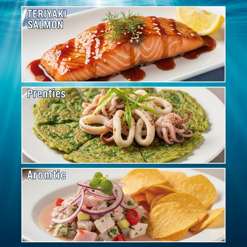 Teriyaki Salmon, Scallions Pancake, Ceviche Poster Teriyaki Salmon, Scallions Pancake, Ceviche Poster
