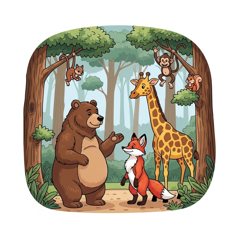 Enchanting Forest Encounter: Bear, Fox, Giraffe, Monkey & Squirrel