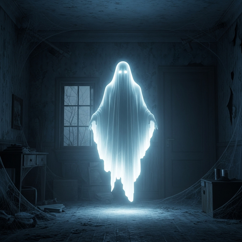 Ethereal Spectral Figure in Creepy Abandoned House Ethereal Spectral Figure in Creepy Abandoned House
