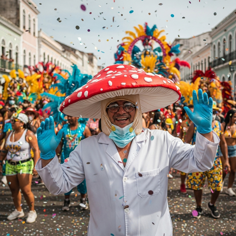 Man Dancing with Red Mushroom Hair at Brazilian Carnival Man Dancing with Red Mushroom Hair at Brazilian Carnival