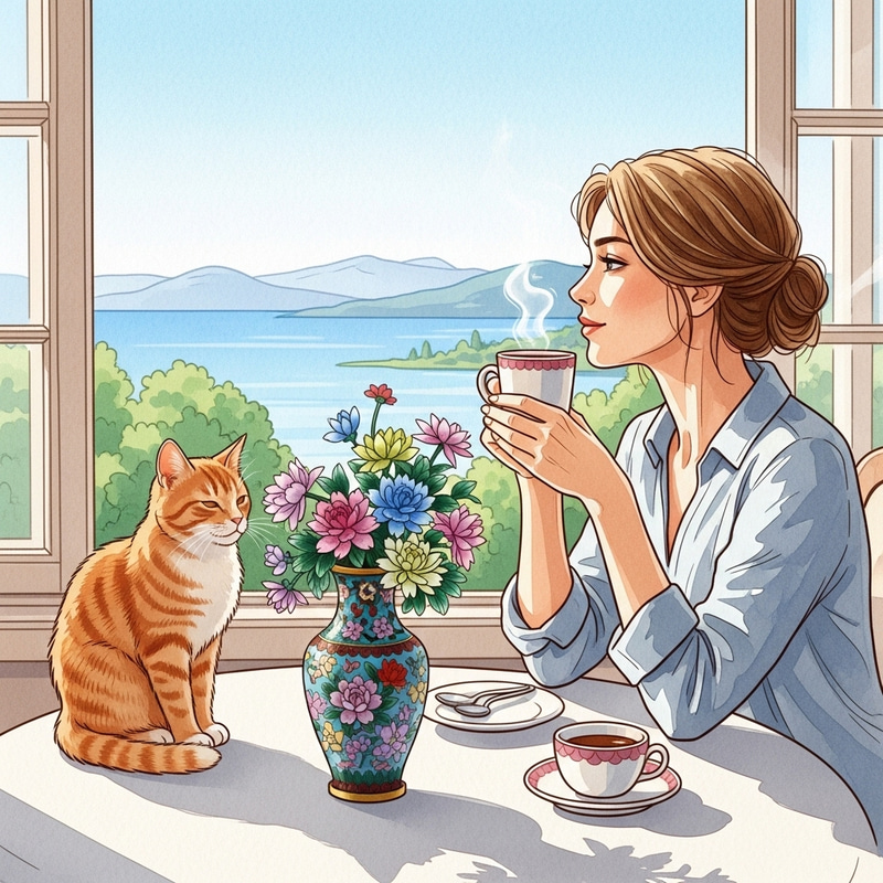 Graceful Woman Cherishing Morning Coffee with Scenic View