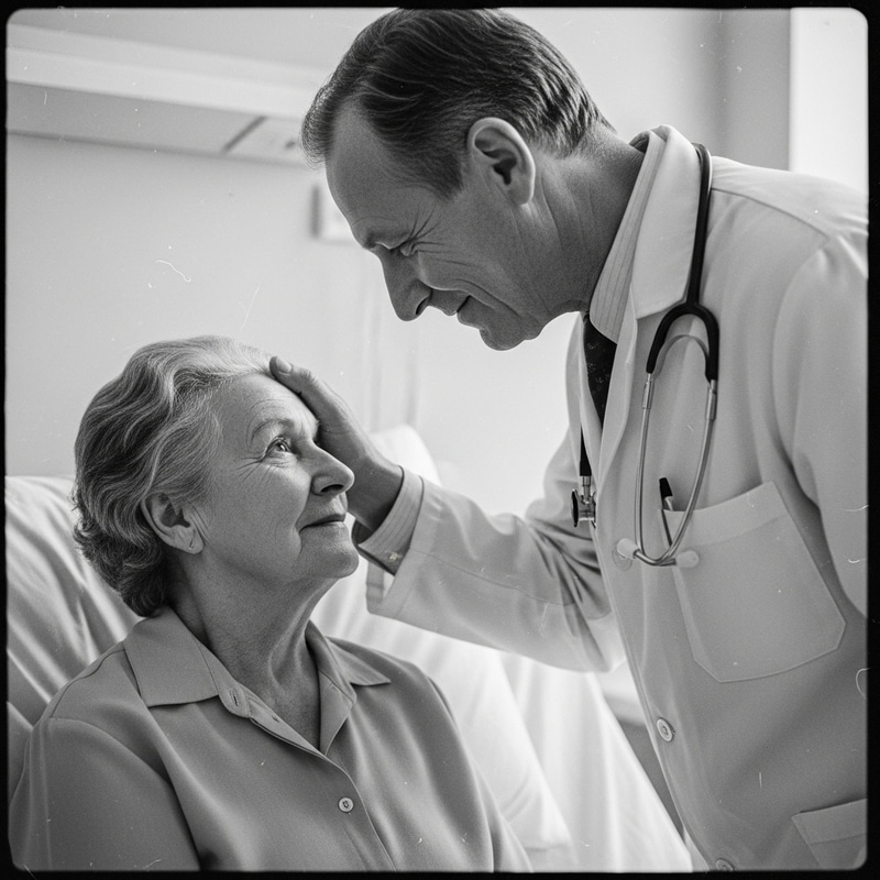 Compassionate Doctor Touching Patient Affectionately in Vintage Black and White Compassionate Doctor Touching Patient Affectionately in Vintage Black and White