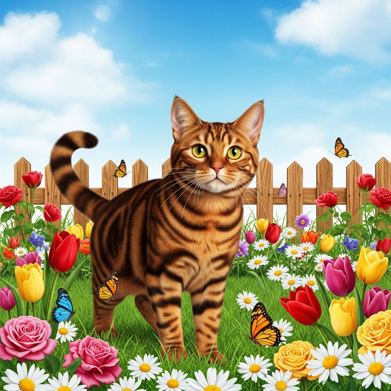 Cat Enjoying Garden Sunshine - Beautiful Summer Scene Cat Enjoying Garden Sunshine - Beautiful Summer Scene